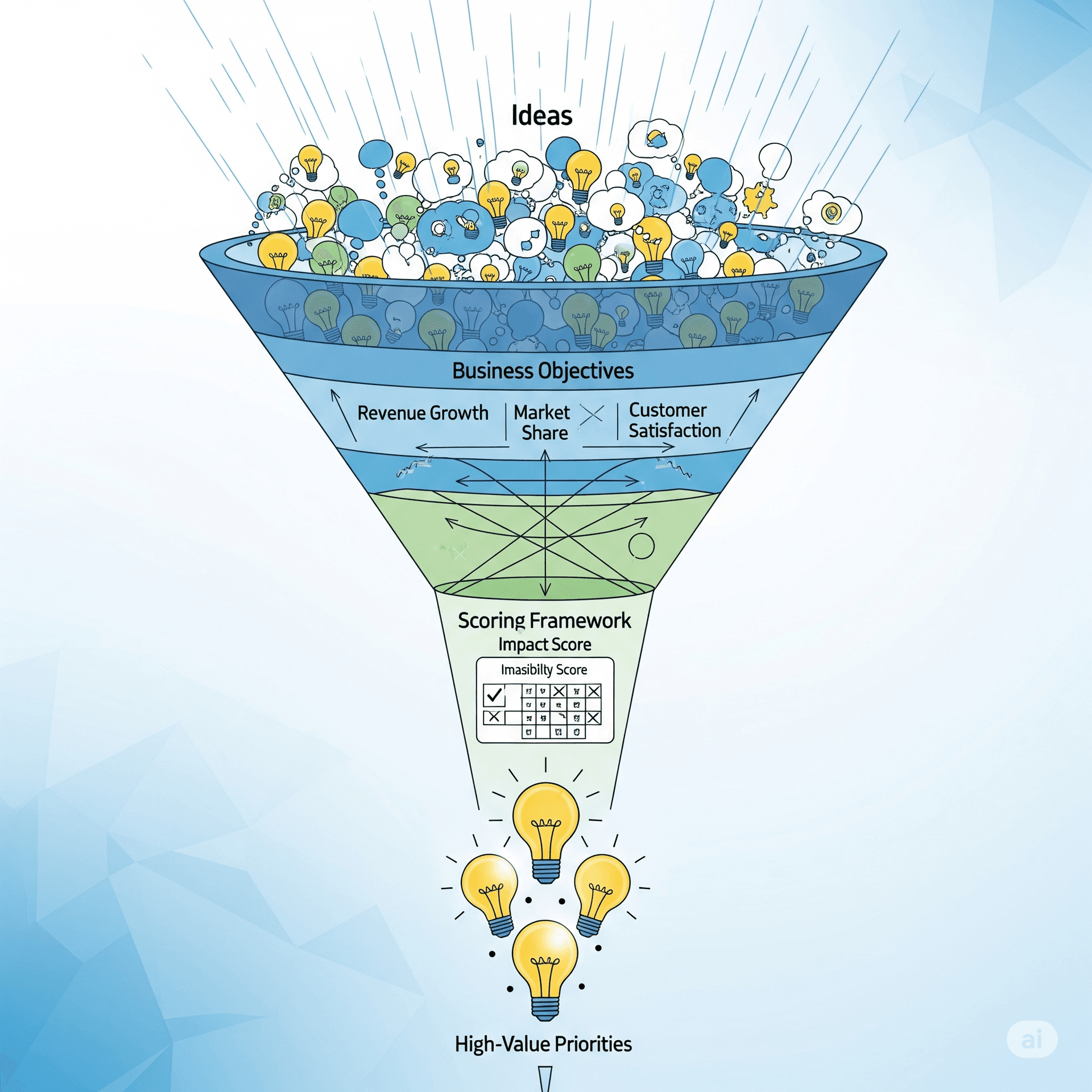 An illustration of a strategic funnel, where many ideas are filtered by business objectives and a scoring framework, resulting in a few high-value priorities.